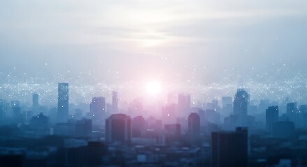 Futuristic Cityscape with Network Overlay and Atmospheric Haze at Sunrise