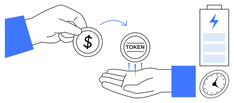 Hand exchanging dollar for token emphasizes digital currency and transaction. Includes battery and clock icons. Ideal for finance, cryptocurrency, energy, time management, economy, trade