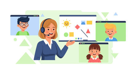 Online education concept teacher teaching kids from home using video call interface