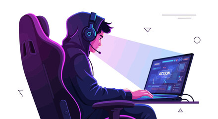 Online Gamer in Action, Focused on Screen with Modern Tech and Gaming Rig