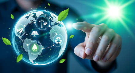 A hand touching a globe with renewable energy icons and leaves floating around globe image