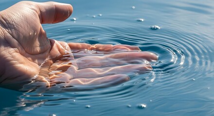 Human hand reaching down to touch the cool water, captured in a high-speed shot emphasizing the circular wave effect