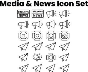 Breaking News Alert Megaphone Spotlight and Communication Outline Icons
