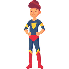 Cartoon Young Boy Dressed As A Superhero Standing Confidently With Hands On Hips And Yellow Shield Emblem On Chest In Studio Lighting