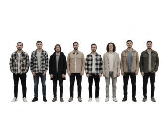 Group of young men standing together in casual plaid jackets isolated on transparent background