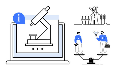 Laptop displaying microscope, windmill, crops, business professionals balancing innovation and ideas. Ideal for research, sustainability, technology, teamwork, decision-making innovation balance