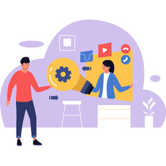 Man Holding Giant Lightbulb With Spinning Gear Inside Showing Business Idea To Woman On Screen In A Modern Office With Purple Accents And A Stool