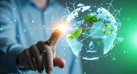 A person pointing at a globe with ecological icons like solar panels and windmills around it