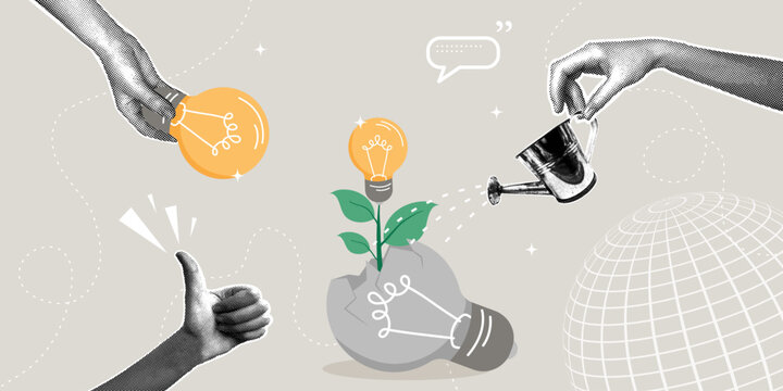 Development, ideas, growth, innovation, and collaboration. A trendy halftone collage. Conceptualizing failures, aspirations, and efforts to innovate, learning from mistakes, information,and motivation