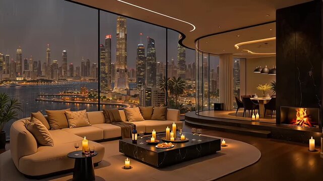 A stunning luxury penthouse with a curved window offering a spectacular night view of the Dubai skyline. A cozy fireplace and candles create a warm and romantic ambiance