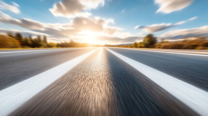 Naklejka premium A scenic view of a stretching road under a vibrant sky, perfect for themes of journey, adventure, and freedom in travel.