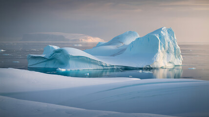 Majestic iceberg floating in calm arctic sea during sunset