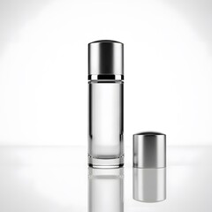 Elegant glass bottle with metallic cap on reflective surface
