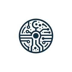 A circular abstract design representing a stylized circuit board with interconnected nodes and lines.