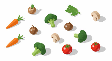 Isometric vector illustration of scattered fresh vegetables including carrots, broccoli, tomatoes, mushrooms, and leafy greens on a white background.