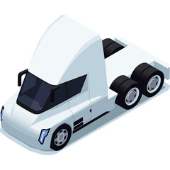 White Semi Truck Isometric View With Transparent Background And Blue Headlights No Branding