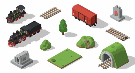 Isometric low poly railway construction kit with trains, tracks, tunnel, freight car, and nature elements on white background. © Asep
