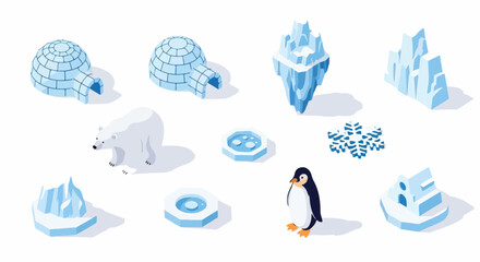 Isometric set of Arctic and Antarctic icons including igloo, polar bear, penguin, and icebergs, isolated on white.