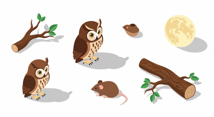 Cute isometric forest elements set: owls, mouse, wood branches, and full moon vector illustrations. © Asep