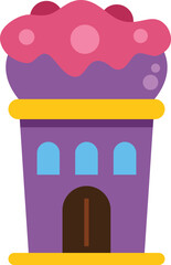 Charming candy house with pink icing and purple walls stands out against a white background, evoking a sweet, dreamlike atmosphere