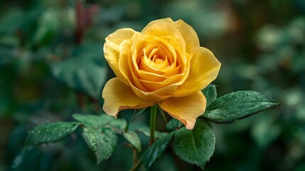 Single vivid yellow rose blooms prominently against a dark, leafy background