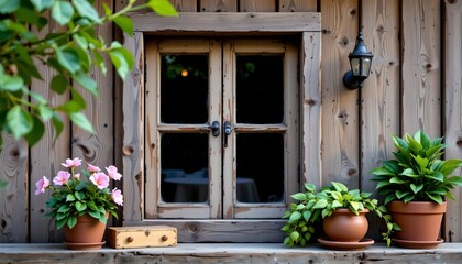 Obraz premium Rustic Window with Flourishing Plants and Soft Lighting