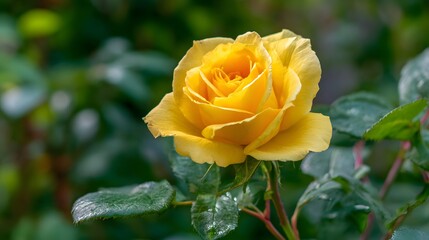Single vibrant yellow rose blooms brightly against a blurred green garden backdrop