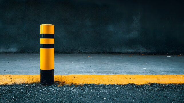 Brightly colored safety barrier stands guard beside a painted curb in a dimly lit urban space