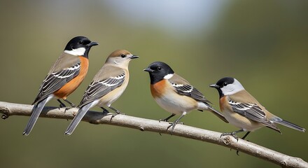 Four Bramblings Perched on a Branch in Natural Habitat.