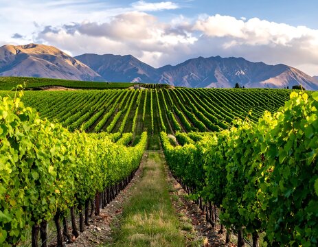 Lush rows of verdant grapevines stretch toward towering mountain peaks
