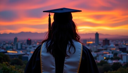 Graduation Portrait with Cityscape Sunset