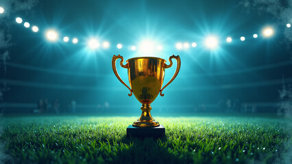 Golden trophy stands on green pitch—stadium lights blaze, spotlighting triumph in cinematic solitude.
