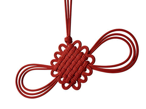 Traditional red Chinese endless knot decoration symbolizing good luck and prosperity isolated on transparent background.