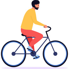 Obraz premium Man Wearing Yellow Long Sleeve Shirt and Red Pants Riding a Bicycle with Blue Wheels Isolated on Transparent Background Detailed Flat Illustration