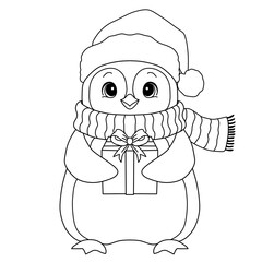 Cute Christmas Penguin Wearing Scarf and Hat while holding a christmas gift in black and white line art 