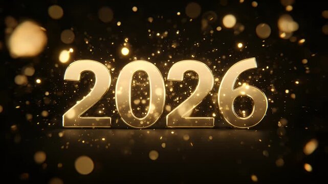 Golden 2026 numbers with confetti bokeh background