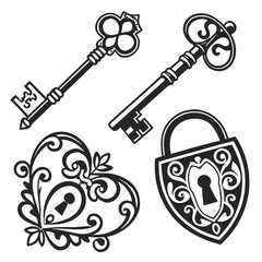 Ornate keys and locks in black and white