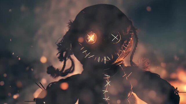 Glittering golden voodoo doll with stitched smile