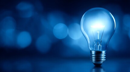 A glowing light bulb stands out in a dreamlike blue environment. Its bright filament catches the eye, contrasting with soft, blurred backgrounds, evoking a sense of warmth and creativity