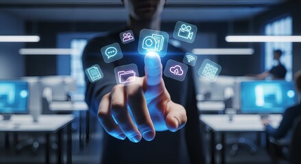 A person interacting with floating digital icons in a modern office environment setup