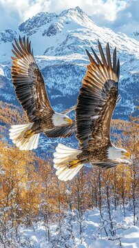 Two bald eagles soar above a snowy mountain range, autumnal foliage below