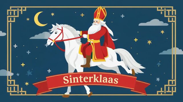 A card with Sinterklaas riding his white horse across a starry sky, with the moon and festive banners celebrating the Saint Nicholas holiday
