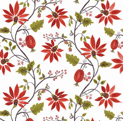 vector illustration of seamless floral branches with tropical leaves. set of hand painted botanical flowers, small flower and leaves. flowers and fruit pattern. vintage watercolor flower arrangement.