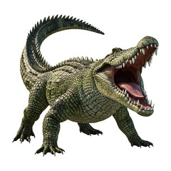 Naklejka premium Fierce alligator with mouth wide open, showing sharp teeth and tongue, isolated on white background