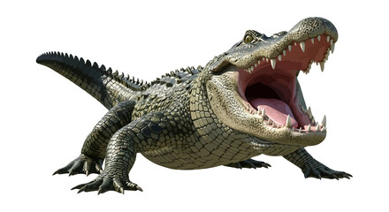 Obraz premium Fierce alligator with mouth wide open, showing sharp teeth and pink tongue, isolated on white background.