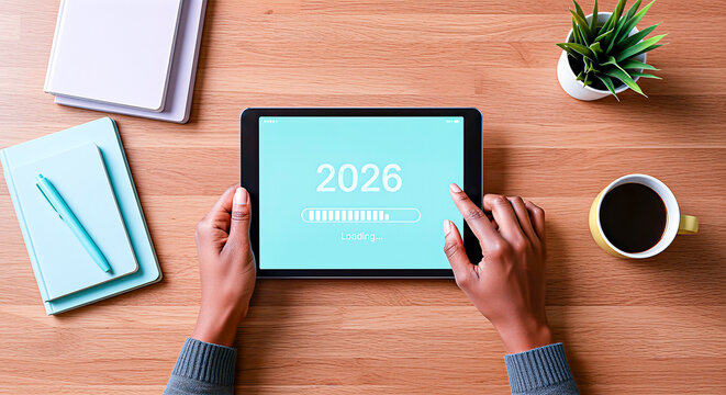 Hands of a woman using a tablet displaying a loading screen for the year 2026, surrounded by stationery, coffee, and a small plant, symbolizing preparation for the new year