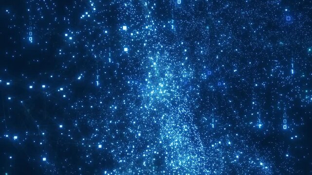 Blue digital particles and binary code stream on dark background