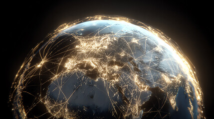A stunning visualization of the Earth illuminated with network connections, showcasing global connectivity and technology's impact.