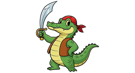 Fototapeta premium Cartoon alligator pirate holding a sword and wearing a bandana