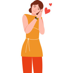 Woman with Brown Hair Wearing an Orange Tunic and Red Pants Feeling Loved with Hearts Floating Around Her Head on a White Background